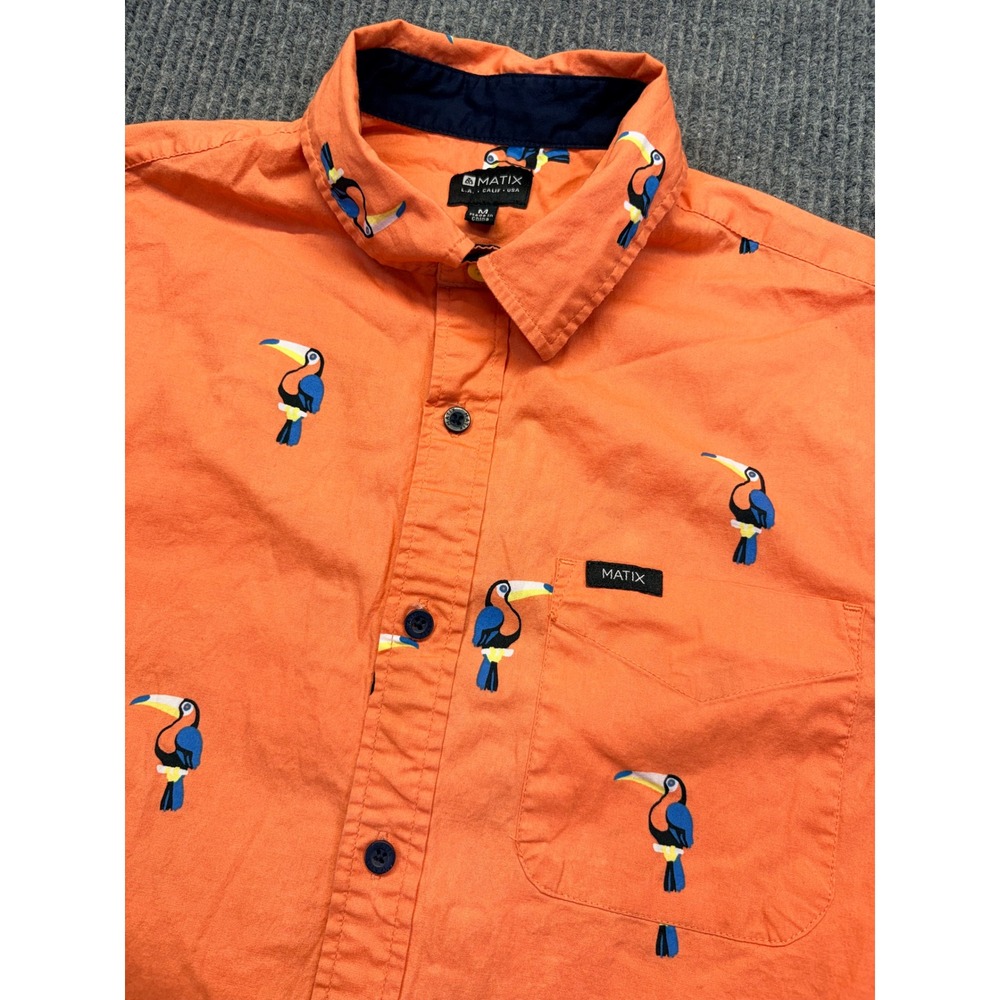 Matix Mens Toucan Print Short Sleeve Button Down Shirt Orange Size Medium